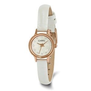 Ladies Chisel Stainless Steel Rose IP White Leather Strap Wrist Watch 7.25" Len